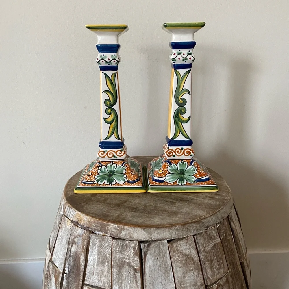 Williams Sonoma Nazari Alhambra Hand Painted Ceramic Candle Holder Pair 10.5”